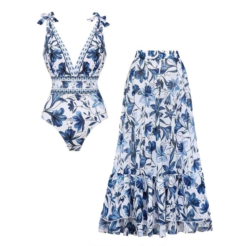 Conjunto de Traje de Baño de Una Pieza Con Escote En V, Cordones y Estampado Floral & Falda larga - Vacaciones En La Playa, Resort, Fiesta En La Piscina, Crucero, Luna de Miel – Azul
