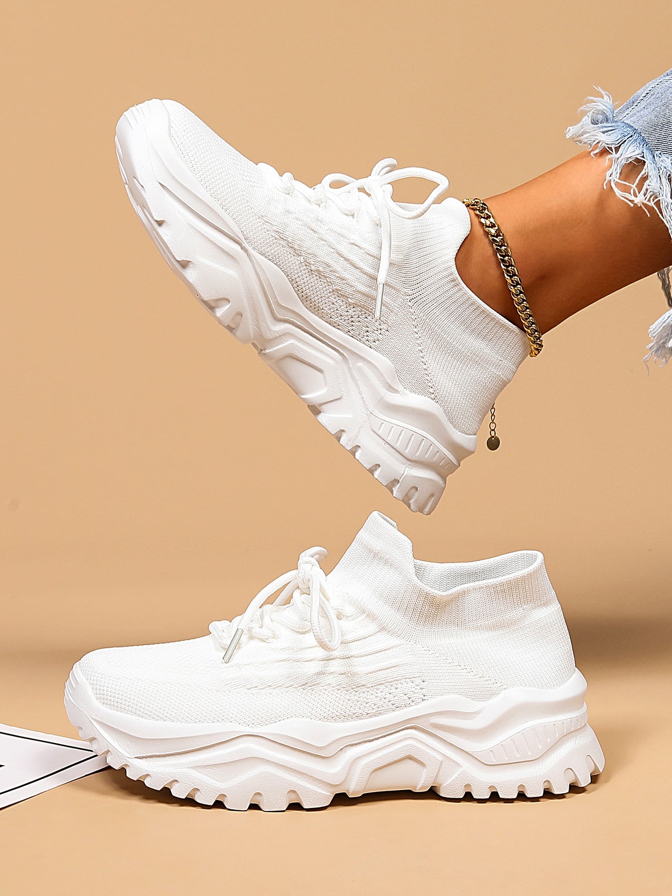Zapatos Minimalistas de Suela Gruesa Para Mujer, Con Cordones, Plataforma y Punta Redonda, Estilo Casual Deportivo – Blanco