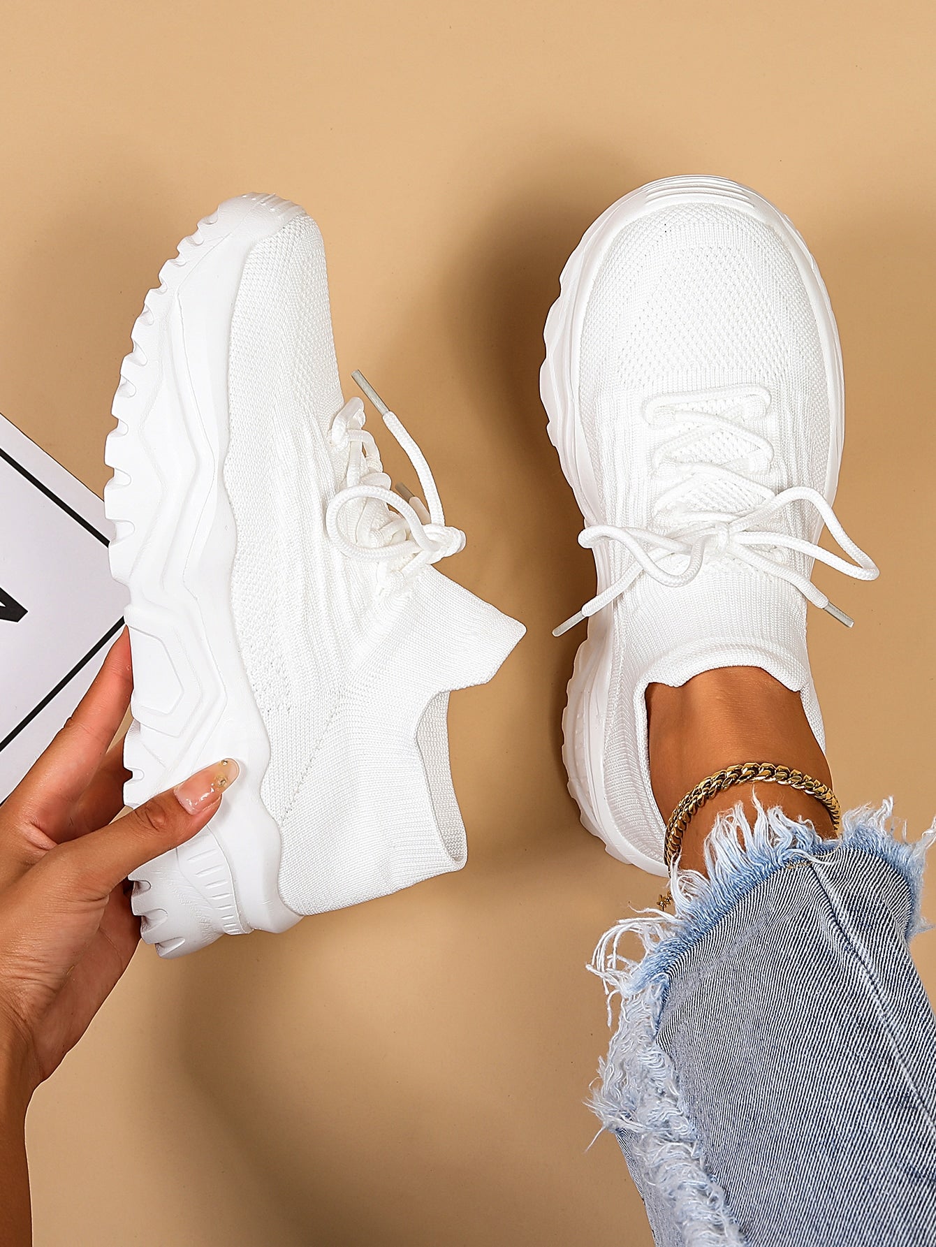 Zapatos Minimalistas de Suela Gruesa Para Mujer, Con Cordones, Plataforma y Punta Redonda, Estilo Casual Deportivo – Blanco