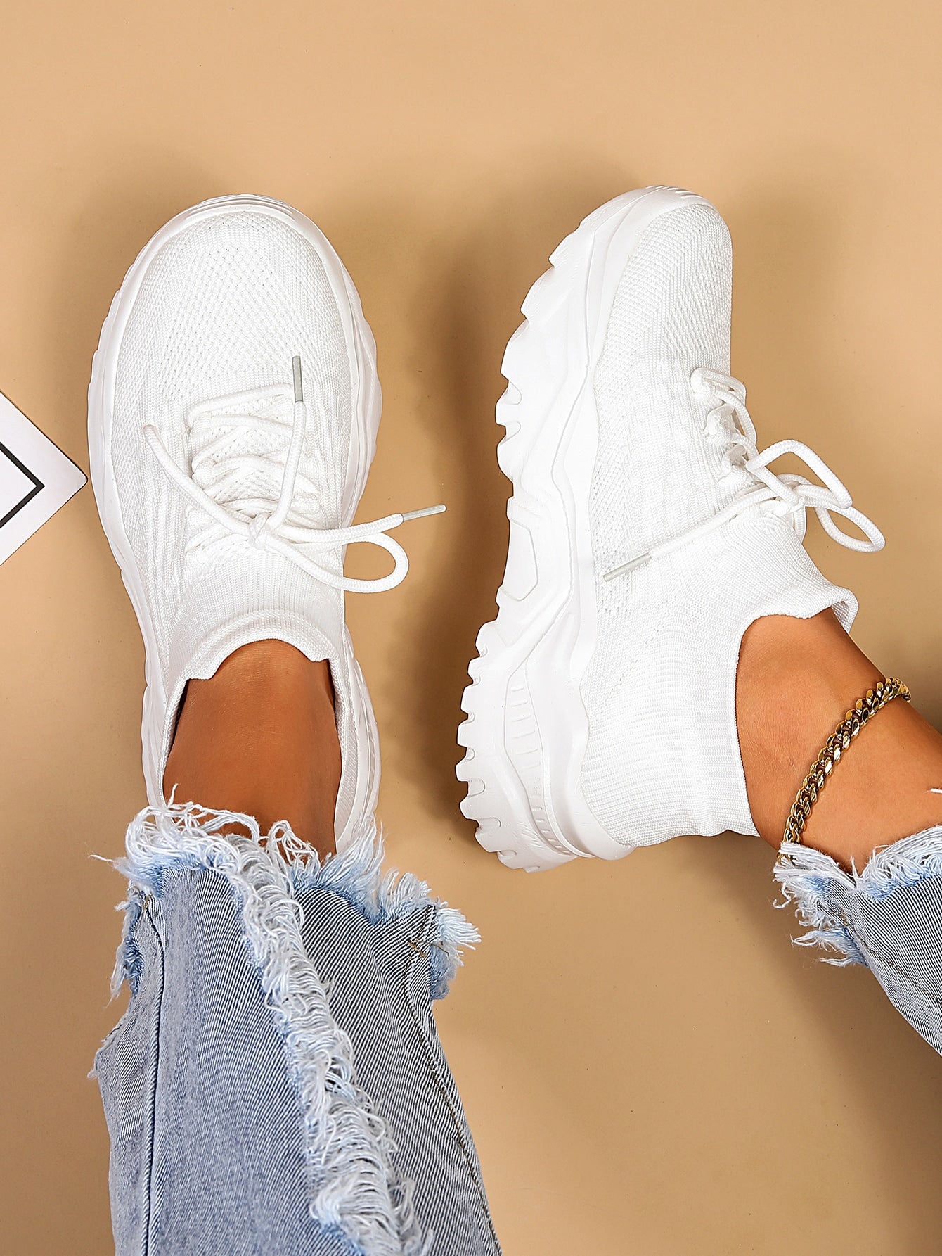 Zapatos Minimalistas de Suela Gruesa Para Mujer, Con Cordones, Plataforma y Punta Redonda, Estilo Casual Deportivo – Blanco
