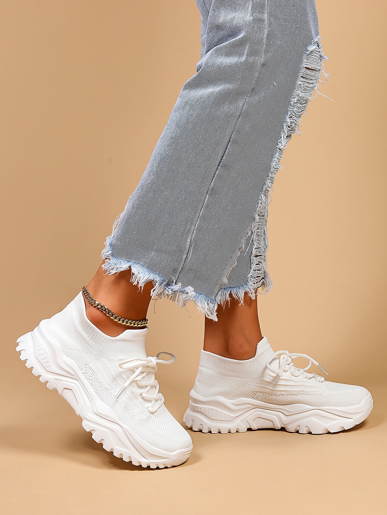 Zapatos Minimalistas de Suela Gruesa Para Mujer, Con Cordones, Plataforma y Punta Redonda, Estilo Casual Deportivo – Blanco