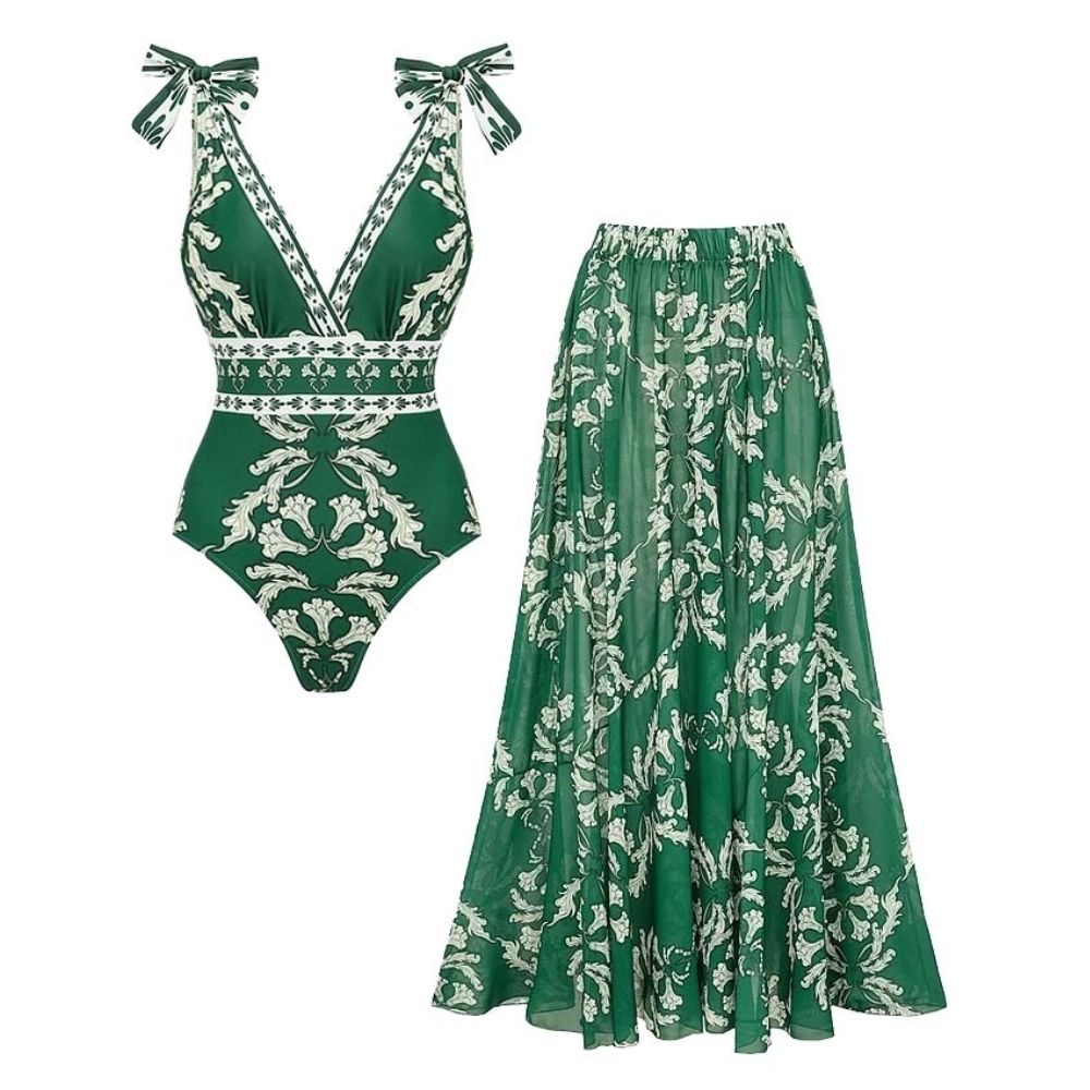 Conjunto de traje de baño de una pieza con escote en V, cordones y falda larga impresa para mujeres – Verde Floral