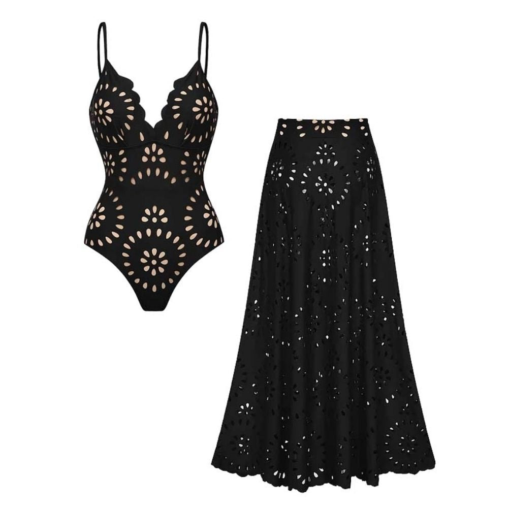 Conjunto de Traje de Baño de Una Pieza con Corte Láser Floral y Falda Larga de Cuello en V para Vacaciones en la Playa, Fiesta en la Piscina, Resort y Crucero – Negro