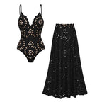 Conjunto de Traje de Baño de Una Pieza con Corte Láser Floral y Falda Larga de Cuello en V para Vacaciones en la Playa, Fiesta en la Piscina, Resort y Crucero – Negro