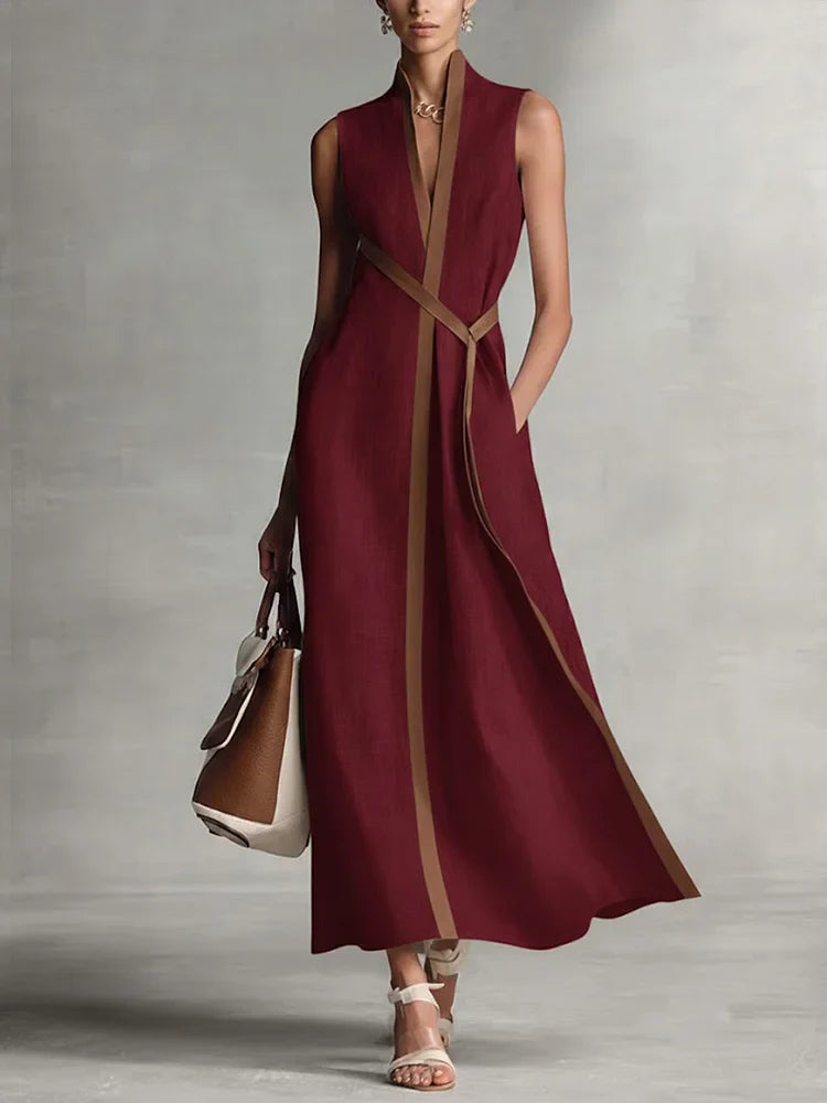 Vestido Midi Formal Sin Mangas de Algodón y Lino para Mujer, Cuello Alto, Verano, Playa, Vacaciones, Trabajo, Uso Diario – Aurora