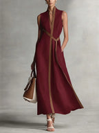 Vestido Midi Formal Sin Mangas de Algodón y Lino para Mujer, Cuello Alto, Verano, Playa, Vacaciones, Trabajo, Uso Diario – Aurora