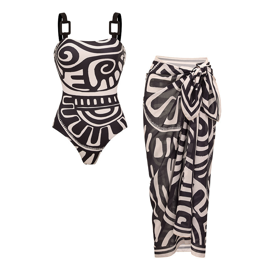 Conjunto de Traje de Baño de Una Pieza con Estampado Tribal para Mujeres y Falda Larga con Tirantes Ajustables para Vacaciones en la Playa, Fiesta en la Piscina, Verano en el Resort – Negro y Blanco