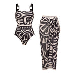 Conjunto de Traje de Baño de Una Pieza con Estampado Tribal para Mujeres y Falda Larga con Tirantes Ajustables para Vacaciones en la Playa, Fiesta en la Piscina, Verano en el Resort – Negro y Blanco
