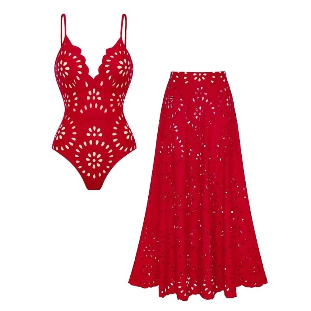 Conjunto de Traje de Baño de Una Pieza Floral con Corte y Falda Larga de V-Cuello para Vacaciones en la Playa, Fiesta en la Piscina, Verano Resort – Rojo