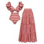 Conjunto de Traje de Baño de Una Pieza con Volantes y Falda Larga a Rayas Rojas - Frente Torcido para Vacaciones en la Playa, Fiesta en la Piscina, Verano en el Resort – Rojo y Blanco