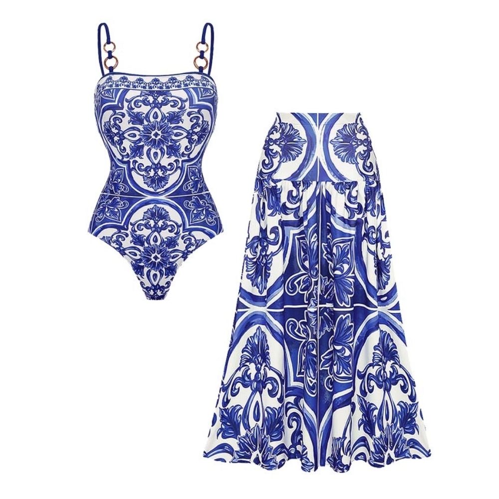 Conjunto de Bañador de Una Pieza con Falda o Pantalones Cortos de Estampado Majólica para Mujeres - Vacaciones en la Playa, Resort, Fiesta en la Piscina, Crucero de Verano – Azul y Blanco