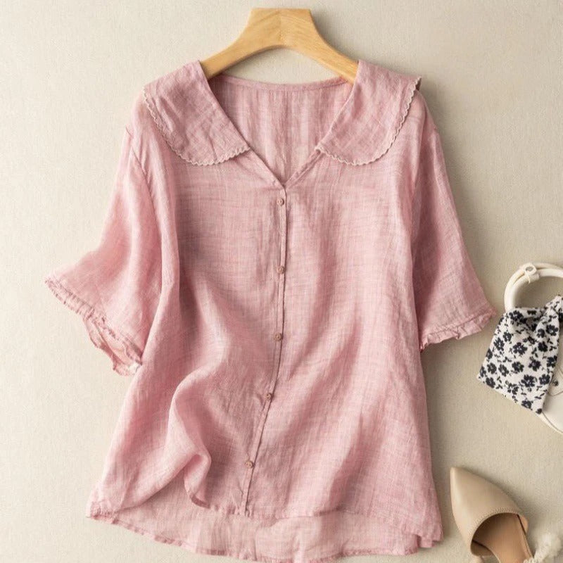 Blusa Vintage para Mujeres con Detalle de Botones y Cuello Peter Pan de Manga Larga Suave Casual Elegante – Kristi