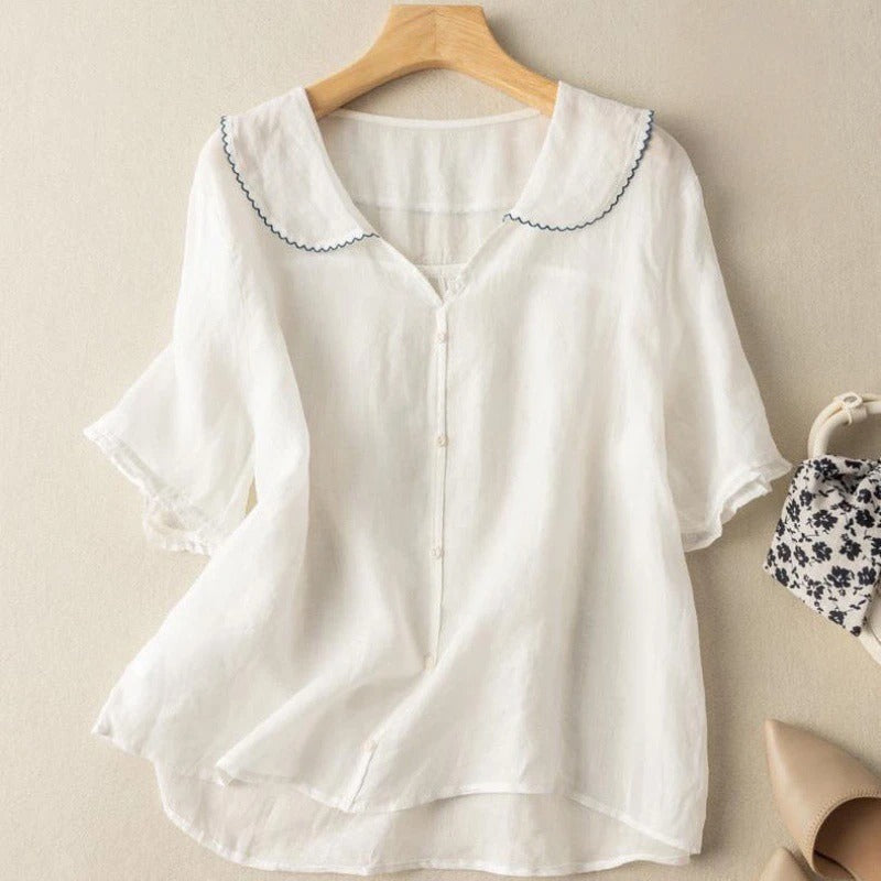 Blusa Vintage para Mujeres con Detalle de Botones y Cuello Peter Pan de Manga Larga Suave Casual Elegante – Kristi