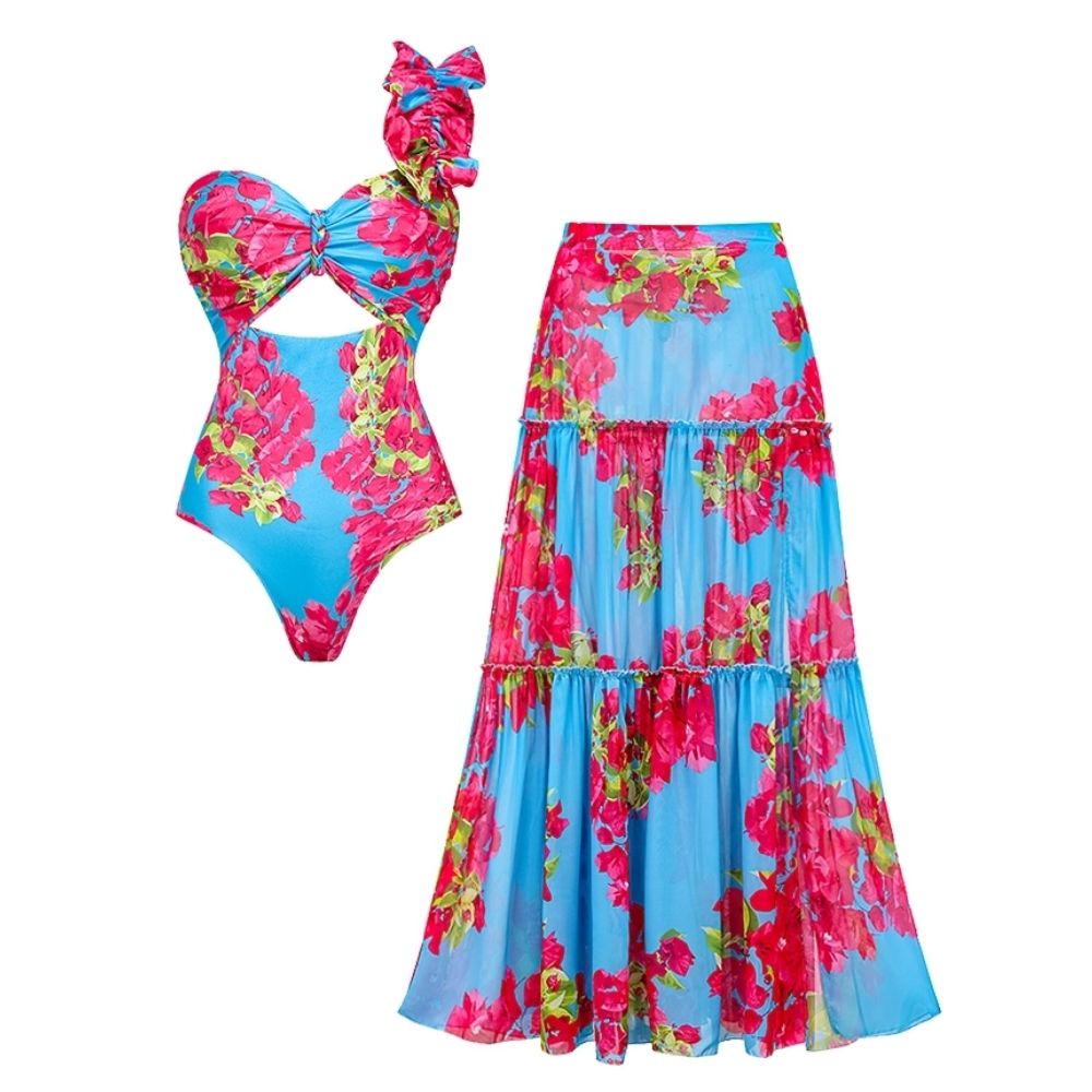 Traje de Baño de Una Pieza Con Corte láser En Forma De Flor y Falda Cubriente, Escote En V, Elegante, Para la Playa, Perano – Azul marino