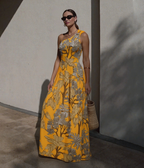 Conjunto de Traje de Baño de Una Sola Manga con Estampado Floral y Falda Larga para Vacaciones en la Playa, Fiesta en la Piscina, Resort Tropical Verano – Amarillo