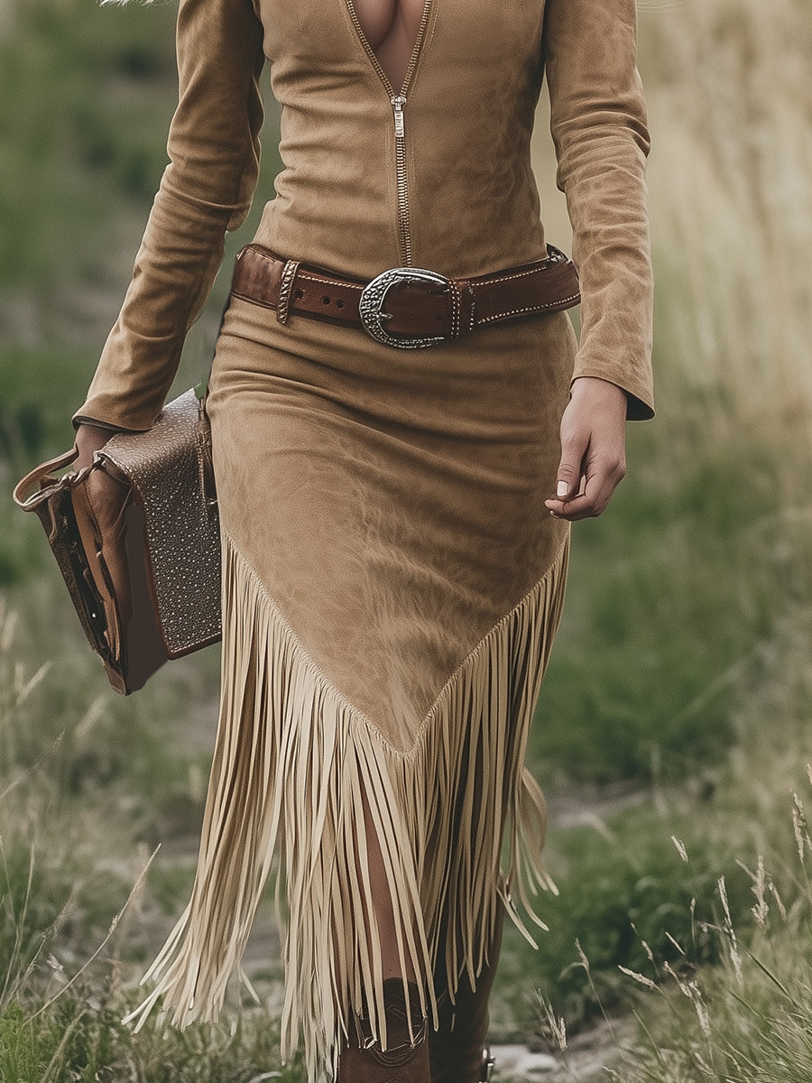 Vestido Midi de Suede Retro Western con Flecos y Borlas para Mujer, de Manga Larga, con Solapa, Cierre de Cremallera, Cinturón y Ajuste Slim – Marrón Claro