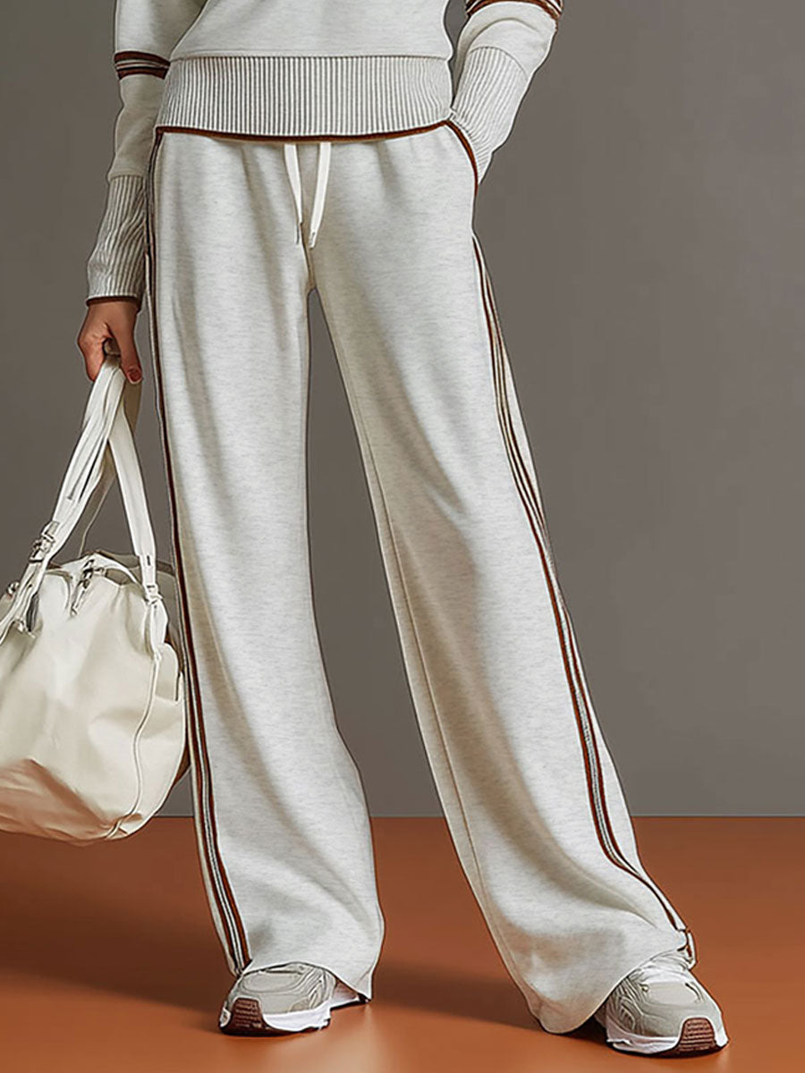 Conjunto Deportivo Retro para Mujer de Dos Piezas Sudadera con Media Cremallera Pantalones de Pierna Ancha con Cinta a Rayas Casual – Gris Blanco
