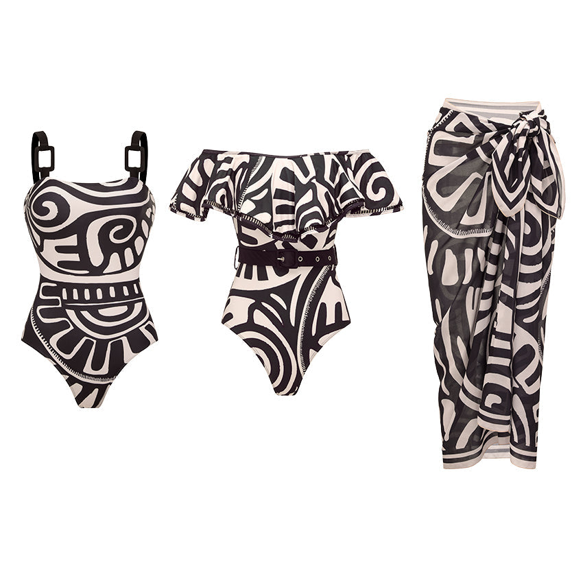 Conjunto de Traje de Baño de Una Pieza con Estampado Tribal para Mujeres y Falda Larga con Tirantes Ajustables para Vacaciones en la Playa, Fiesta en la Piscina, Verano en el Resort – Negro y Blanco