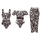 Conjunto de Traje de Baño de Una Pieza con Estampado Tribal para Mujeres y Falda Larga con Tirantes Ajustables para Vacaciones en la Playa, Fiesta en la Piscina, Verano en el Resort – Negro y Blanco