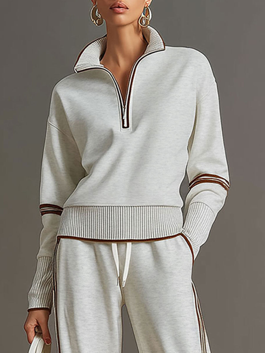 Conjunto Deportivo Retro para Mujer de Dos Piezas Sudadera con Media Cremallera Pantalones de Pierna Ancha con Cinta a Rayas Casual – Gris Blanco