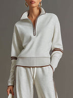 Conjunto Deportivo Retro para Mujer de Dos Piezas Sudadera con Media Cremallera Pantalones de Pierna Ancha con Cinta a Rayas Casual – Gris Blanco