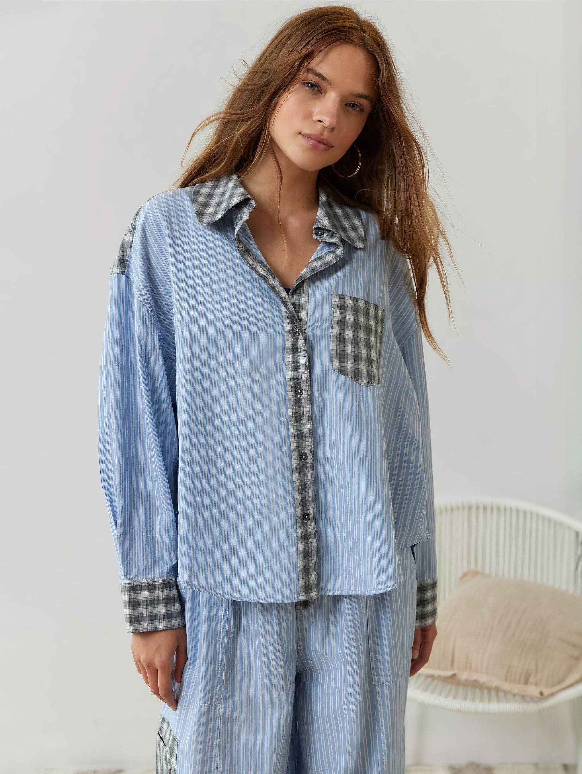 Conjunto de Pijama de Cuadros Elegante para Mujer Camisa de Manga Larga Pantalones de Pierna Ancha Ropa de Casa Suave y Casual – Sara