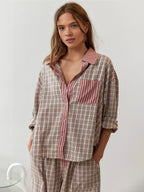 Conjunto de Pijama de Cuadros Elegante para Mujer Camisa de Manga Larga Pantalones de Pierna Ancha Ropa de Casa Suave y Casual – Sara