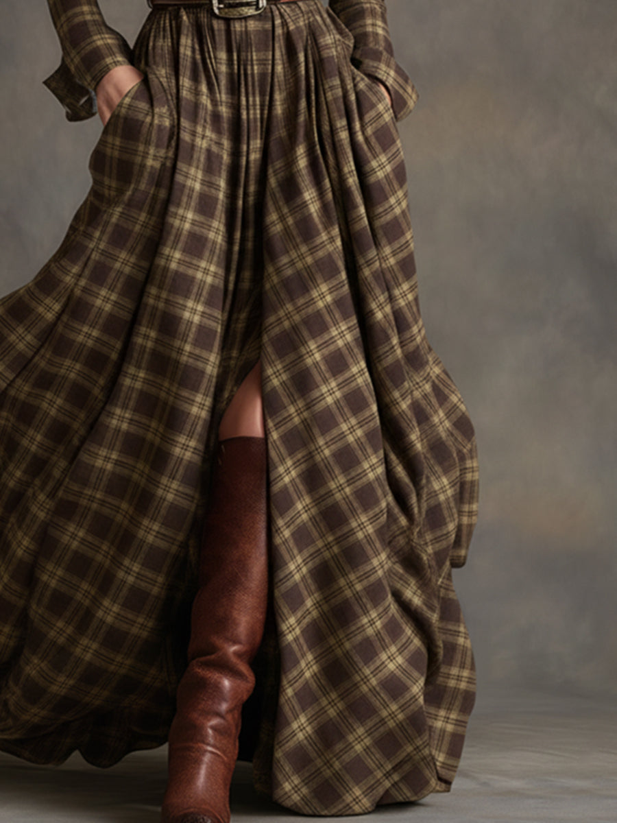 Vestido Largo de Vaquera Étnica Retro para Mujer con Cuello, Cinturón y Mangas Largas – Marrón Rojizo