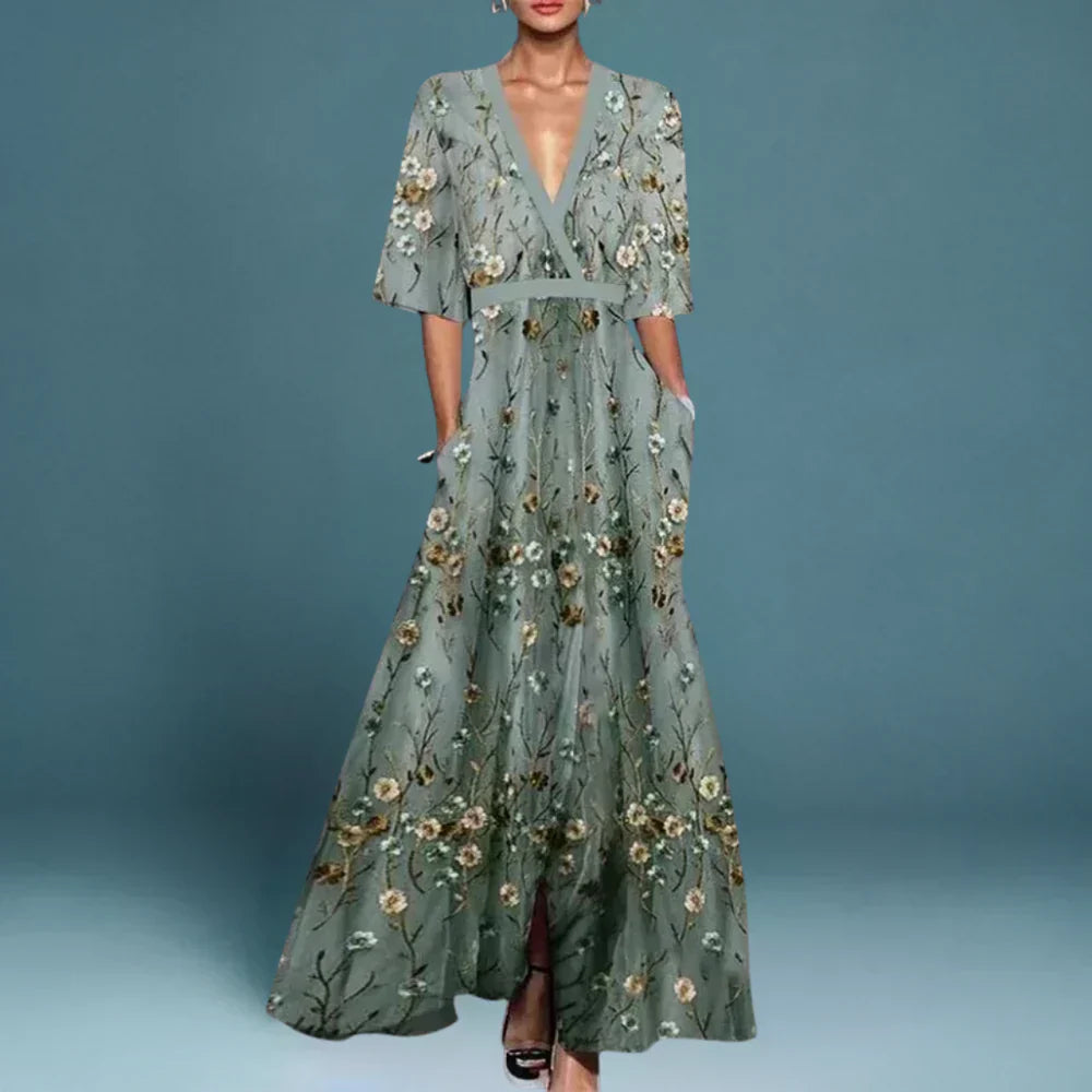Vestido Largo Floral Elegante para Mujer con Escote en V y Manga Larga para Fiestas de Jardín Verano Gala – Jill