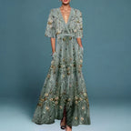 Vestido Largo Floral Elegante para Mujer con Escote en V y Manga Larga para Fiestas de Jardín Verano Gala – Jill