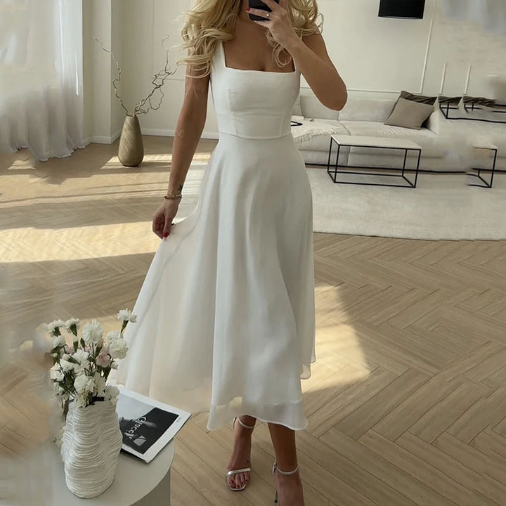 Vestido Formal de Fiesta Midi para Mujeres Invitada de Boda Cuello Cuadrado Cuerpo Ajustado Falda Fluida Elegante