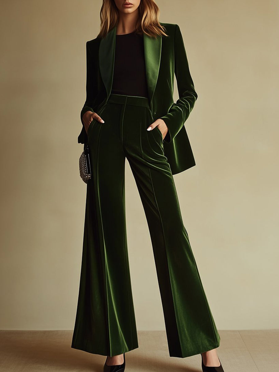 Traje de Dos Piezas de Terciopelo de Alta Gama para Mujeres con Blazer de Solapa Notch y Pantalones de Pierna Ancha Retro Elegante – Verde