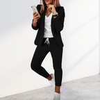 Conjunto de Blazer Elegante y Pantalones Jogger para Mujer Casual de Negocios Poliéster Ajustado para el Día a Día – Negro