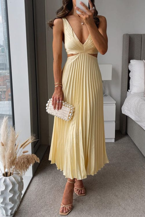 Vestido Midi Plisado Elegante para Mujer Fiesta Formal de Verano Invitada de Boda Casual Escote en V – Sanne