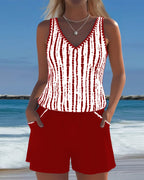 Conjunto de Tankini de Rayas con Escote en V para Mujer con Bolsillo y Pantalones Cortos Sólidos – Nautica