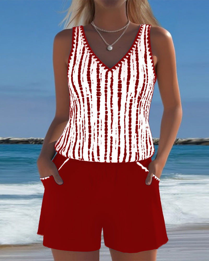 Conjunto de Tankini de Rayas con Escote en V para Mujer con Bolsillo y Pantalones Cortos Sólidos – Nautica