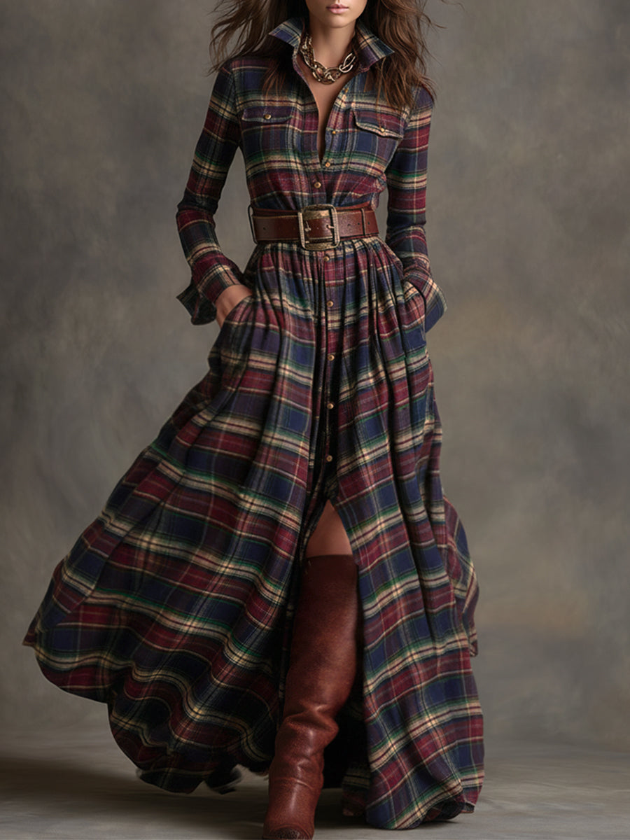Vestido Largo de Vaquera Étnica Retro para Mujer con Cuello, Cinturón y Mangas Largas – Marrón Rojizo