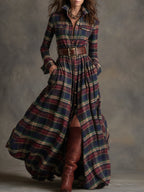 Vestido Largo de Vaquera Étnica Retro para Mujer con Cuello, Cinturón y Mangas Largas – Marrón Rojizo