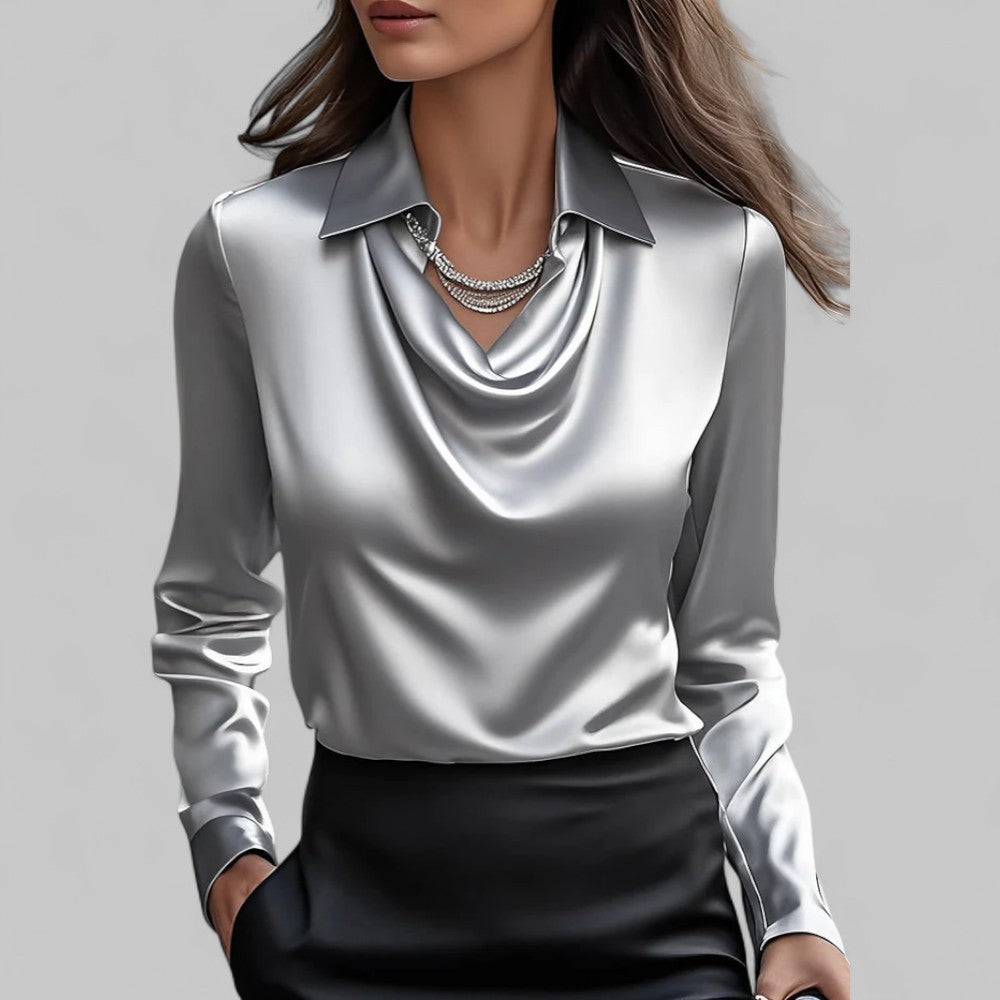 Blusa de Satén con Cuello Drapado y Manga Larga para Mujer Oficina Noche Elegante Seda Formal – Rosa