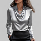 Blusa de Satén con Cuello Drapado y Manga Larga para Mujer Oficina Noche Elegante Seda Formal – Rosa