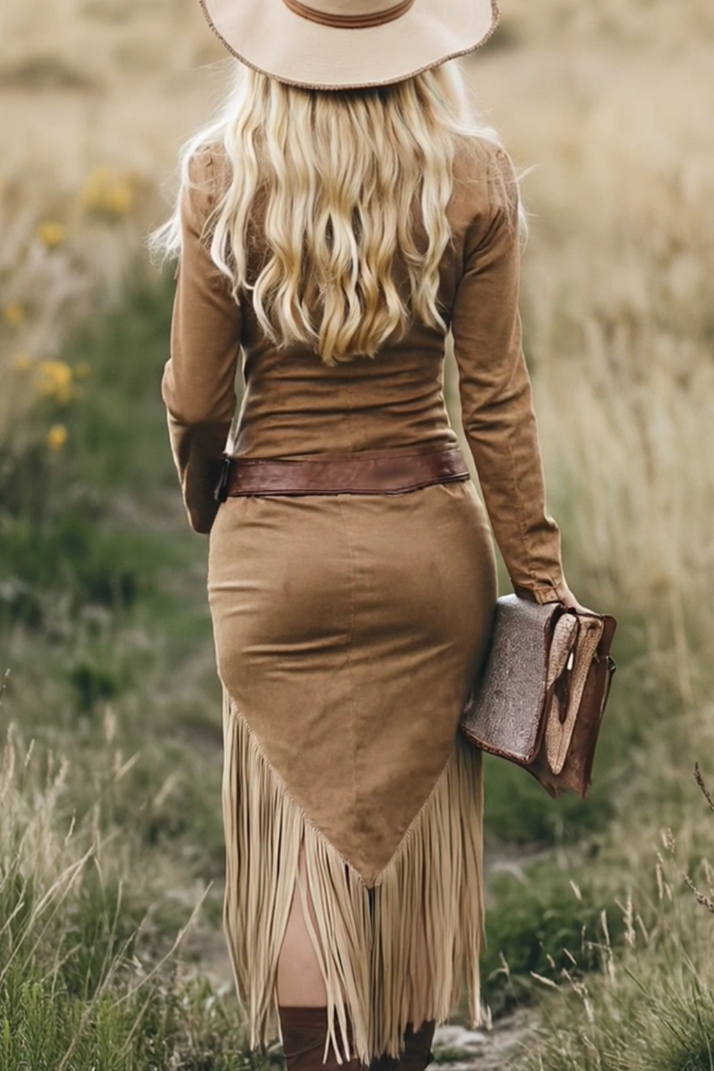 Vestido Midi Retro Western de Cowgirl para Mujer con Solapa, Cierre de Cremallera y Detalles de Borlas – Camel