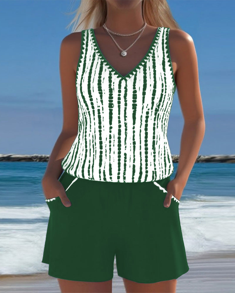 Conjunto de Tankini de Rayas con Escote en V para Mujer con Bolsillo y Pantalones Cortos Sólidos – Nautica