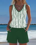 Conjunto de Tankini de Rayas con Escote en V para Mujer con Bolsillo y Pantalones Cortos Sólidos – Nautica