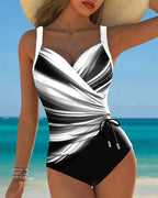 Traje de baño de una pieza para mujer con diseño de color contrastante, con cordones y frente envolvente, sin mangas, para la playa en verano
