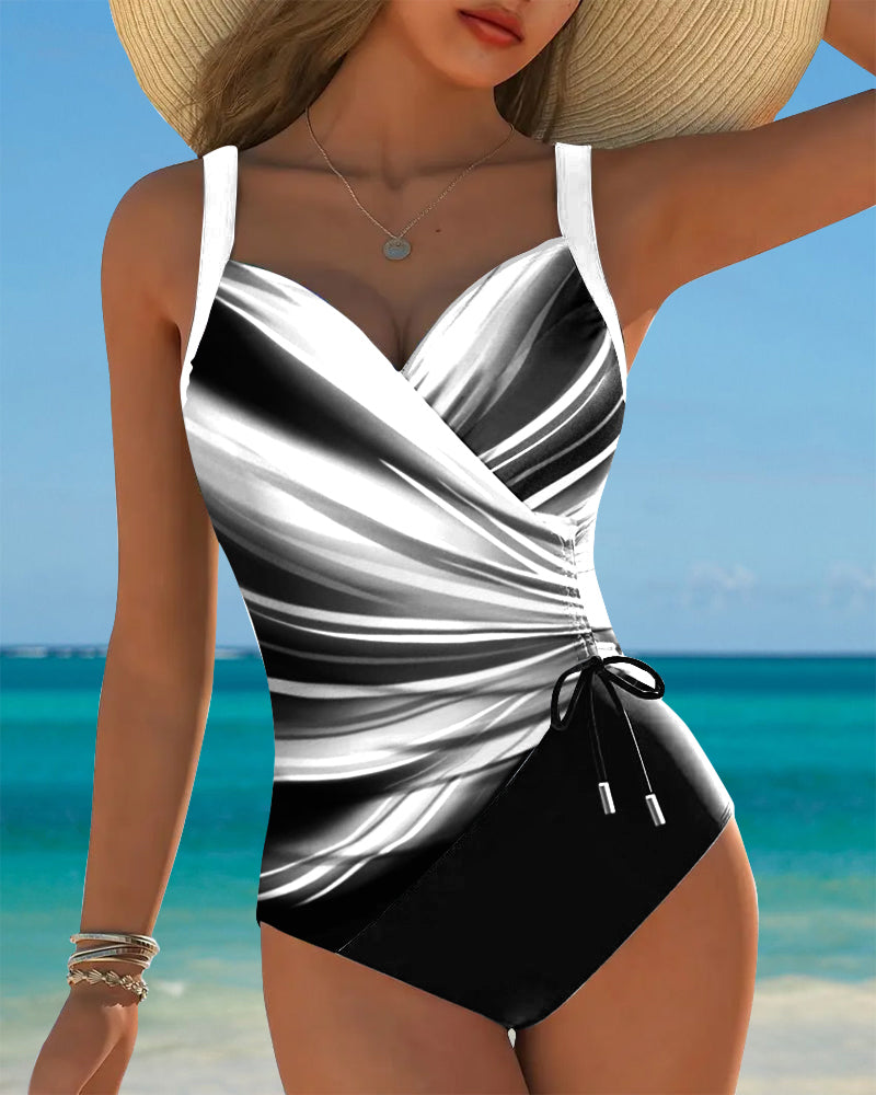 Traje de baño de una pieza para mujer con diseño de color contrastante, con cordones y frente envolvente, sin mangas, para la playa en verano