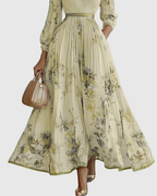 Vestido Largo Floral Plisado Elegante para Mujer con Escote en V y Manga Larga, Cintura con Cinta, Formal e Informal – Rowella