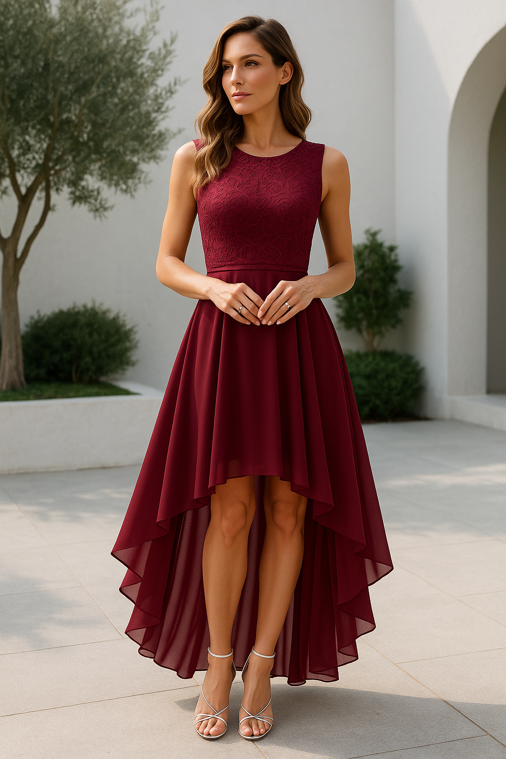 Vestido Formal de Mujer Hi-Low Midi para Invitadas de Boda Sin Mangas Fluido Elegante