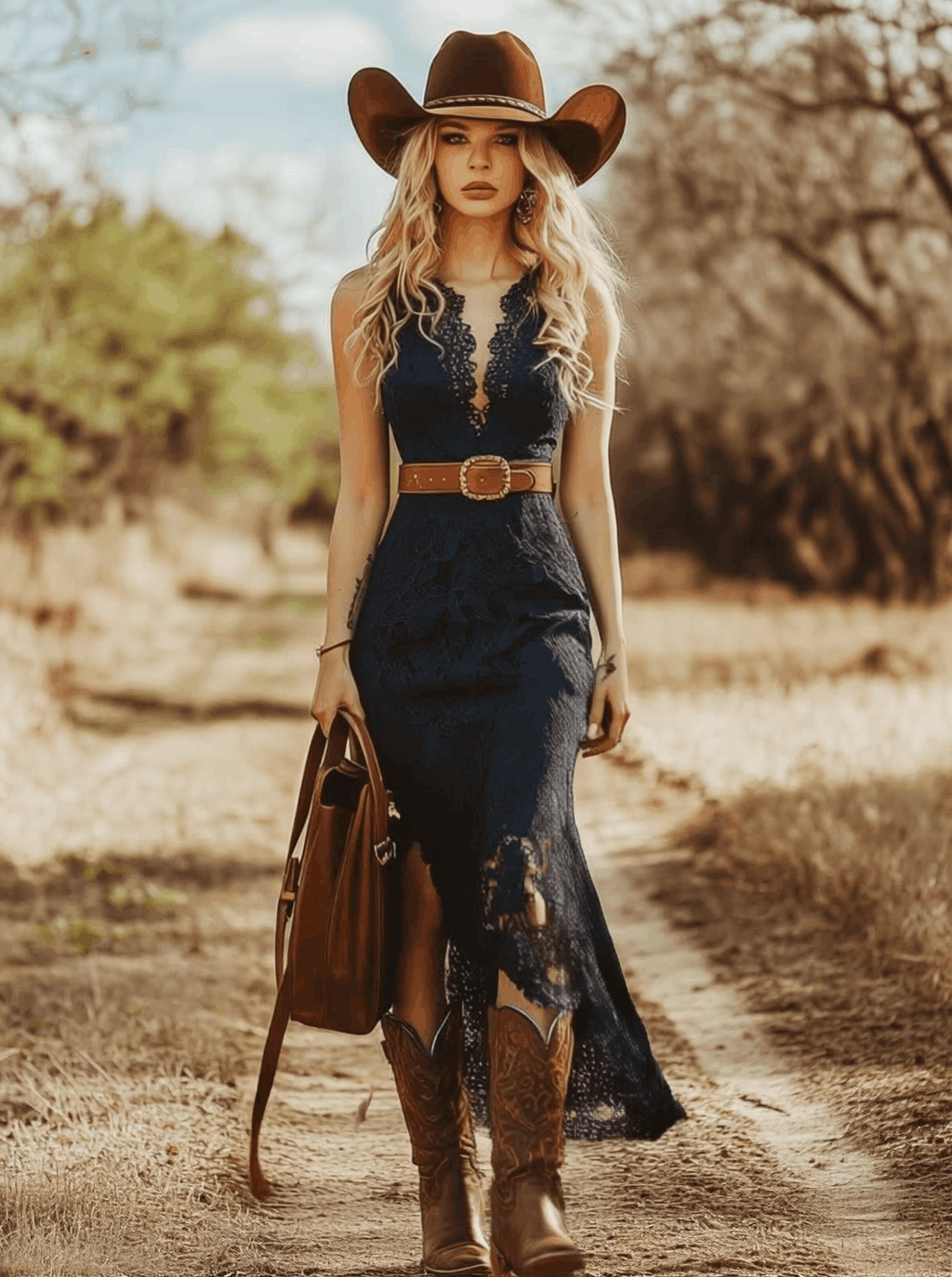 Vestido Midi Sin Mangas de Encaje Boho Vintage para Mujeres, Estilo Vaquero, Fiesta en el Jardín, Uso Diario, Romántico – Azul Marino