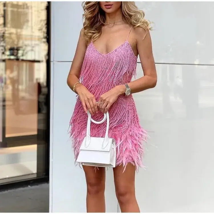 Vestido Mini Elegante de Lentejuelas con Plumas Rosas, Tirantes de Espagueti, Glamour para Cóctel, Noche de Fiesta