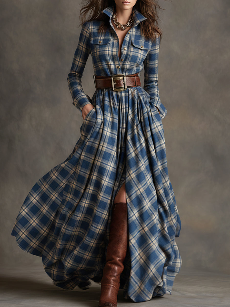 Vestido Largo de Vaquera Étnica Retro para Mujer con Cuello, Cinturón y Mangas Largas – Marrón Rojizo